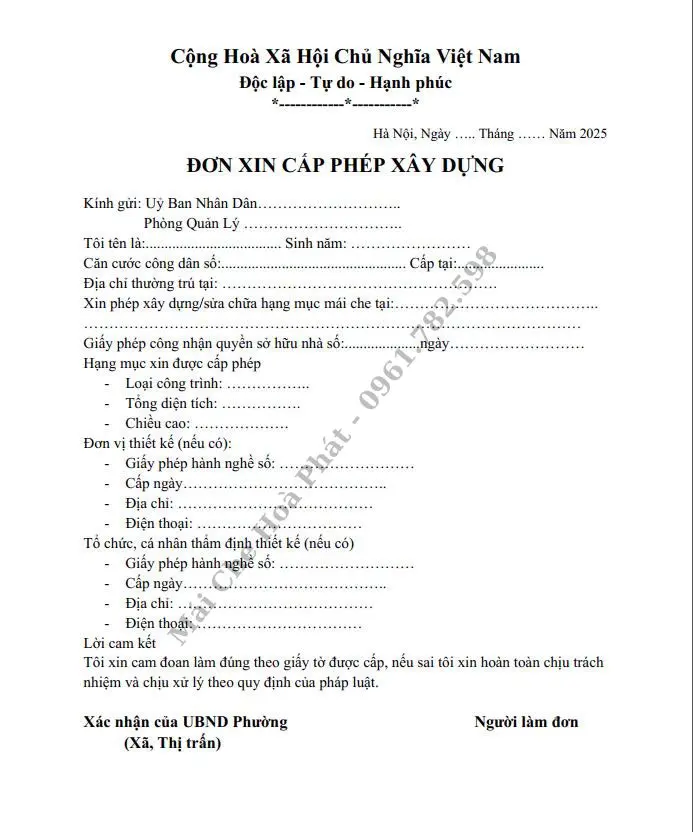 Mẫu đơn xin làm mái che mới nhất hiện nay